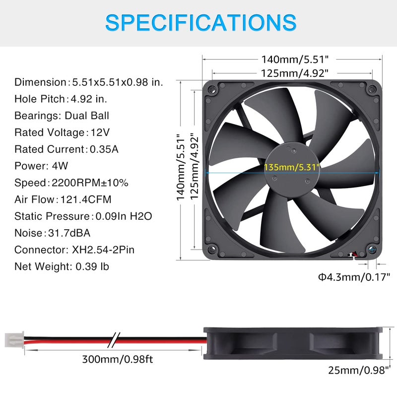 GDSTIME 12V Cooling Fan 1425, 140mm x 25mm Dual Ball Bearings DC Brushless Cooler Fan 2-Pin - Image 5